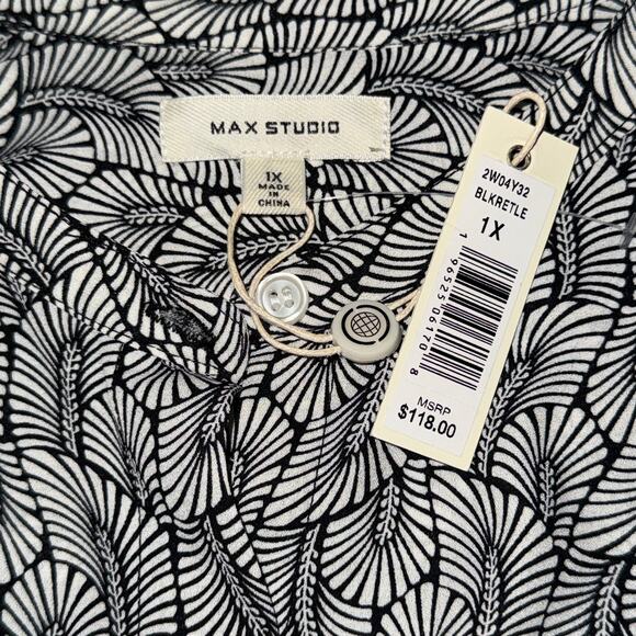 NWT Max Studio Patterned Ruffle Button Down Blouse Tunic Black White 1X - Picture 5 of 6